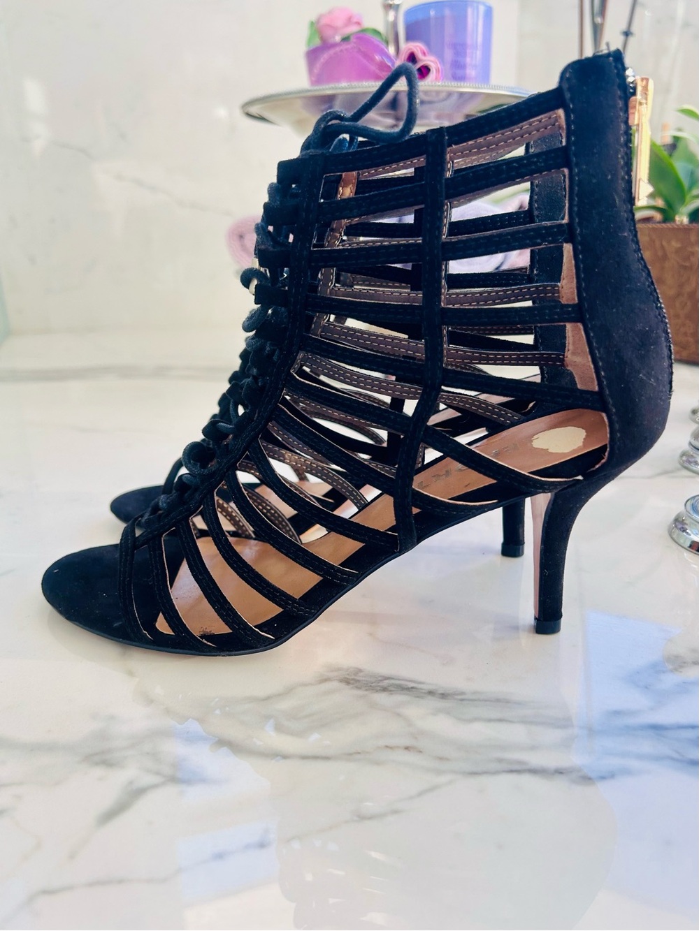 REPORT  Black Strappy Lace-Up Cage Heels